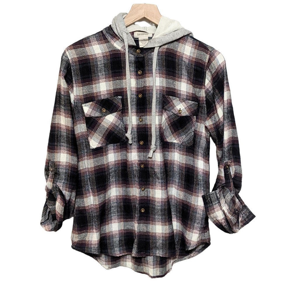 Passport Womens Plaid Button Up Hooded Shirt Size M Blue Red Roll Tab Sleeve